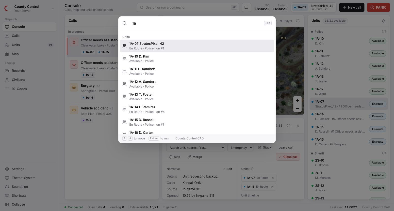 The command palette searching units by callsign.
