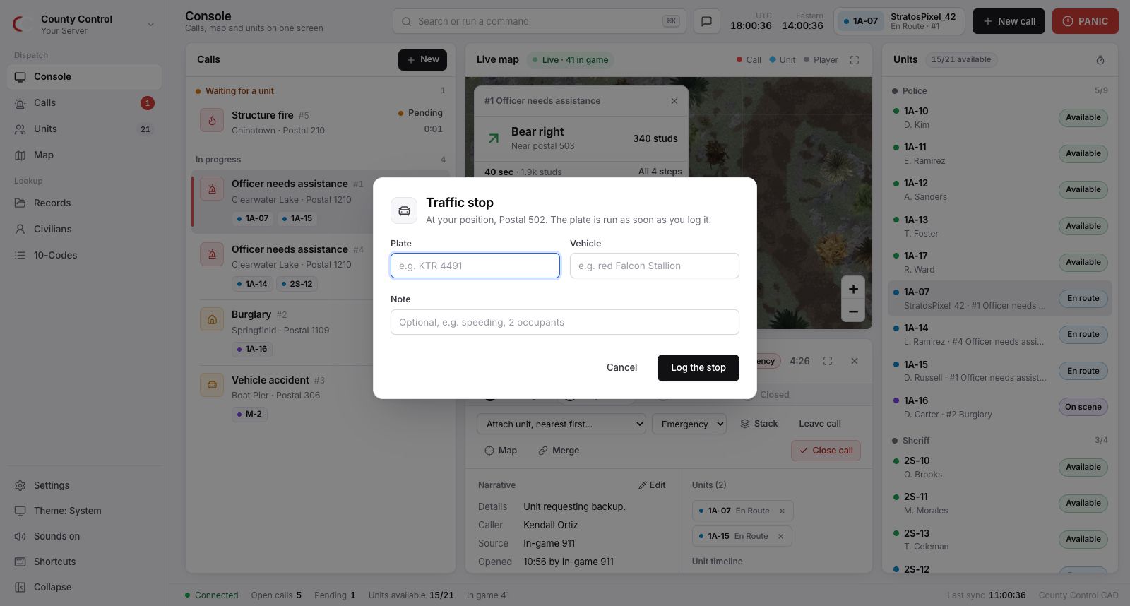 The traffic stop dialog with plate, vehicle and note.